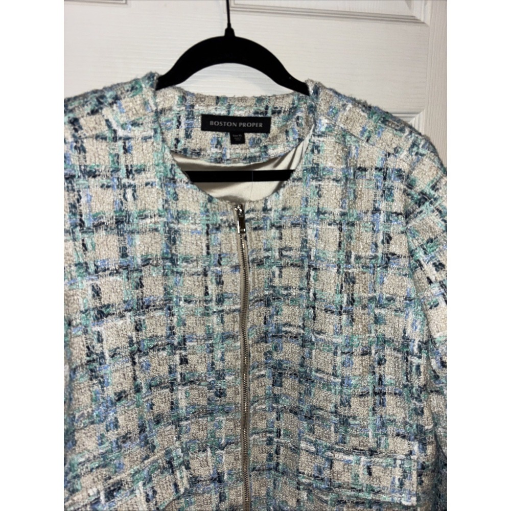 NWT Boston Proper XL Tweed Zip Bomber Lady Jacket Blue Green Cream Pockets - Picture 5 of 16